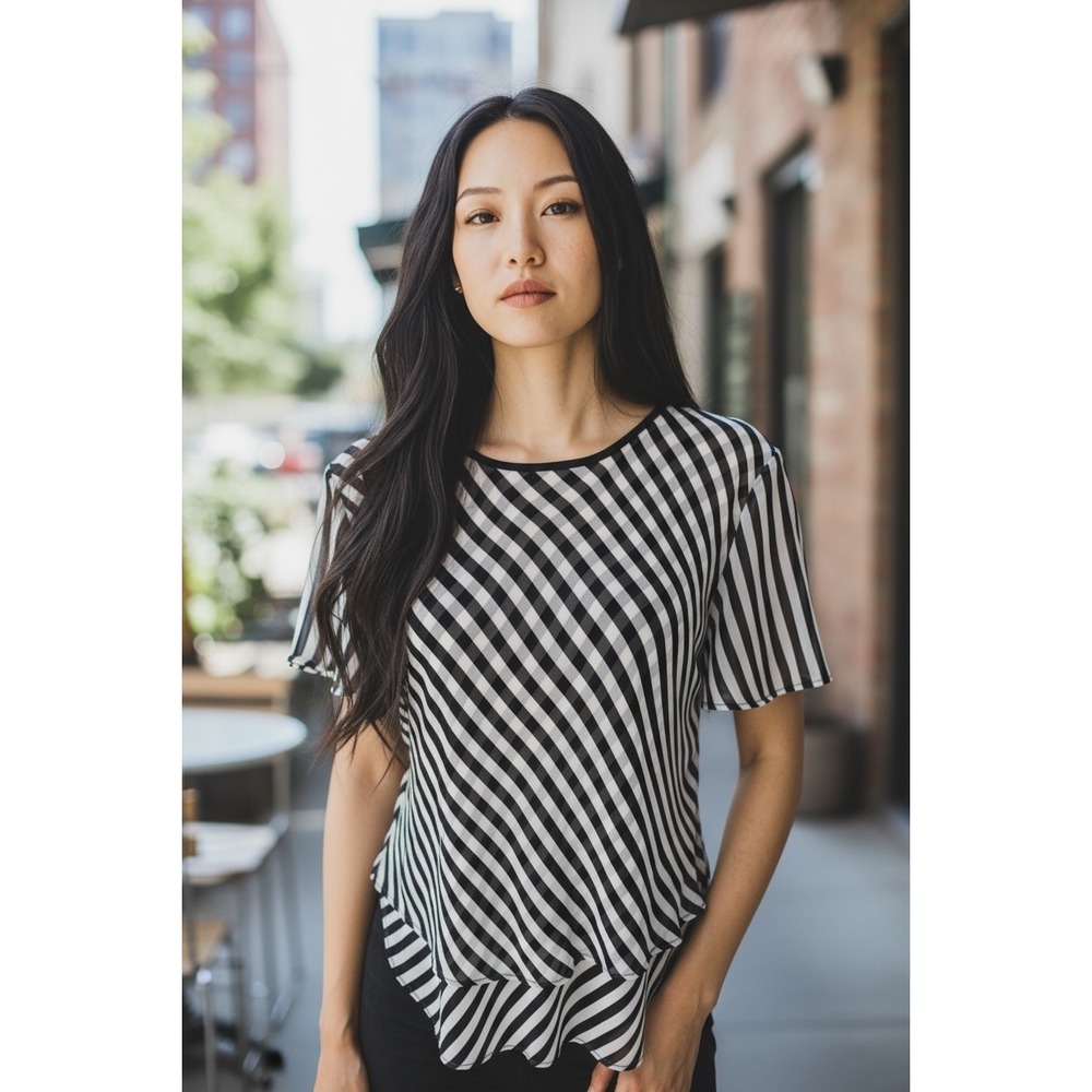 Vince Camuto Blouse Top Women XS Black White‎ Striped Sheer Short Sleeve